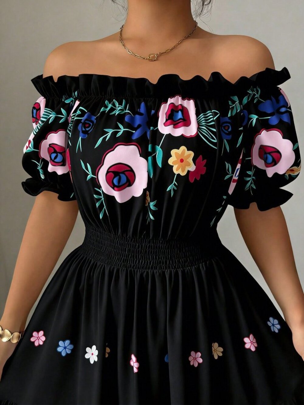 Black Boho Off Shoulder Petal Sleeve Floral Print Waist Flared Women's Dress - Picture 4 of 7